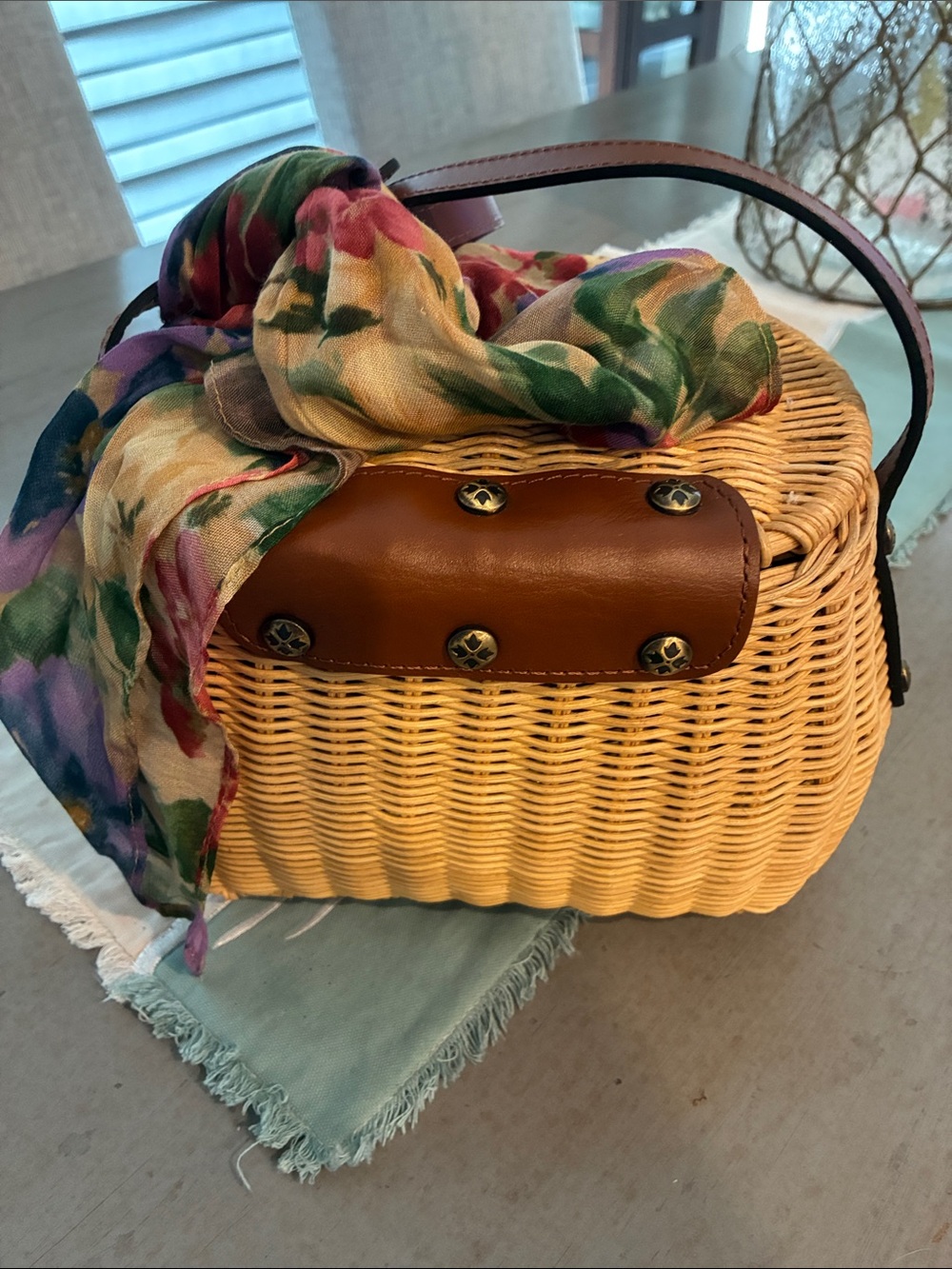 Patricia Nash woven Crossbody Bag with Brown Leather Trim and Floral Scarf - Picture 5 of 9